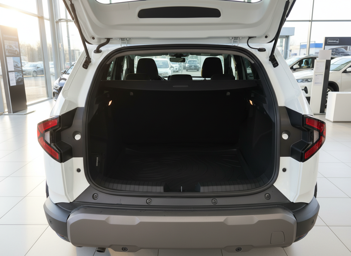 Weißer SUV Kofferraum offen im Autohaus – geräumiger Laderaum mit Kunststoffwanne