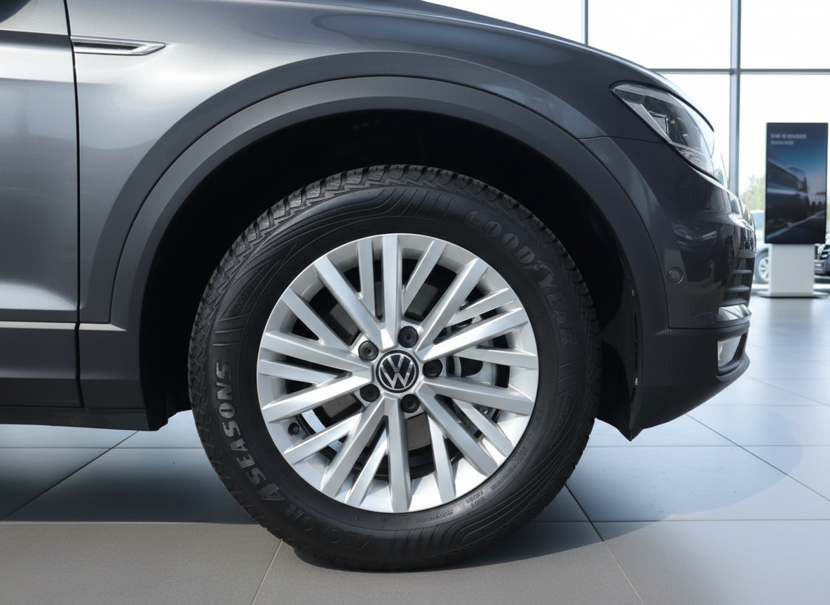 Volkswagen SUV grau Detailaufnahme Felge Goodyear 4 Seasons Reifen im Autohaus