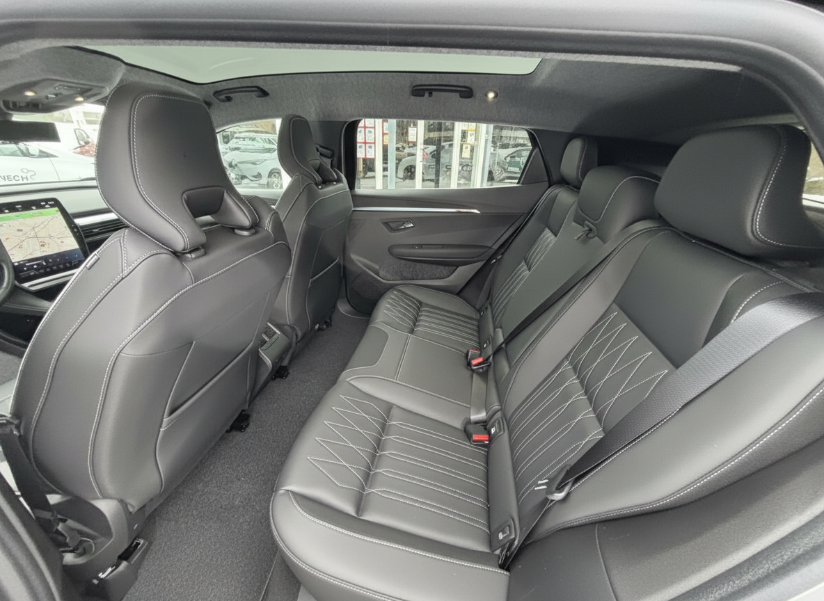 Schwarzes Leder-Interieur Rücksitzbank eines modernen SUV mit weißen Kontrastnähten