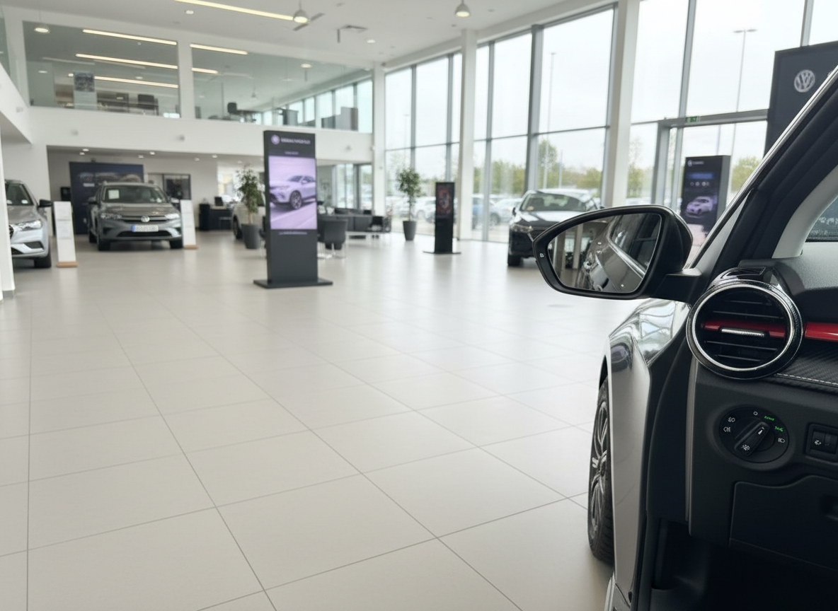 Volkswagen Fahrzeug Innenraum mit Seitenspiegel im modernen Autohaus-Showroom