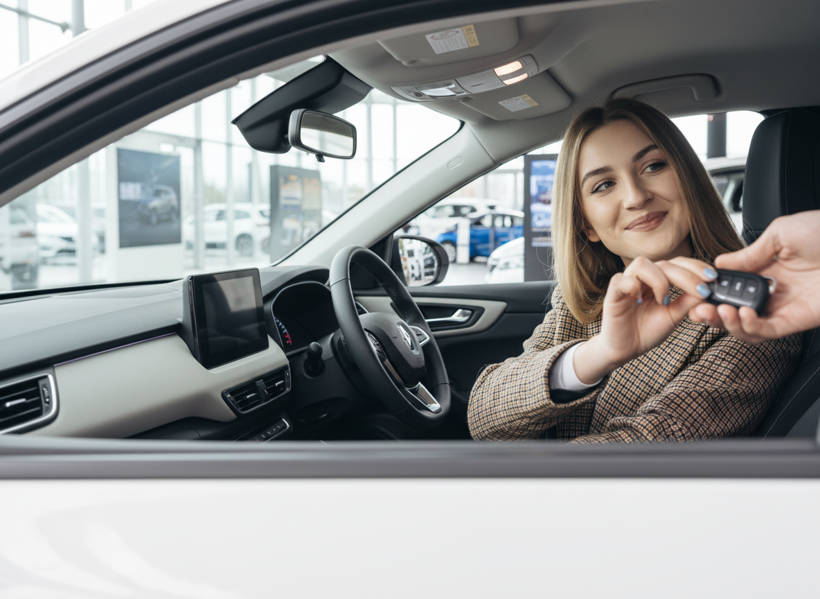 Frau sitzt im weißen Renault und hält Fahrzeugschlüssel im Autohaus