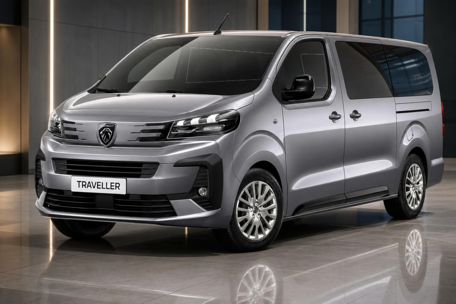 Peugeot Traveller in Silber, Frontansicht im modernen Showroom