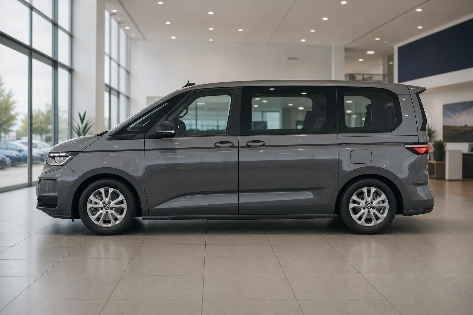 VW Multivan grau Seitenansicht im Volkswagen Autohaus