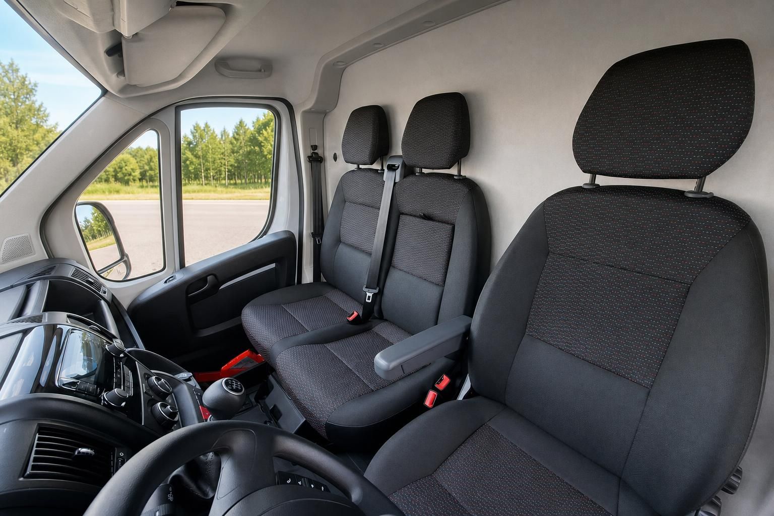 Innenraum Opel Transporter mit grauen Stoffsitzen und Blick durchs Seitenfenster