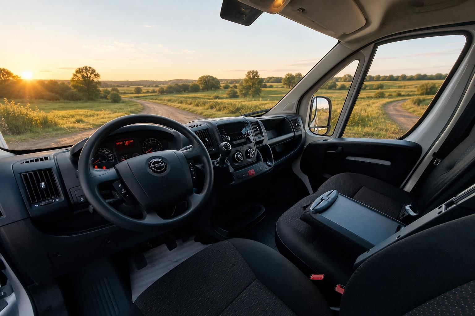 Cockpit Opel Transporter mit Lenkrad, Armaturenbrett und Sonnenuntergang im Hintergrund