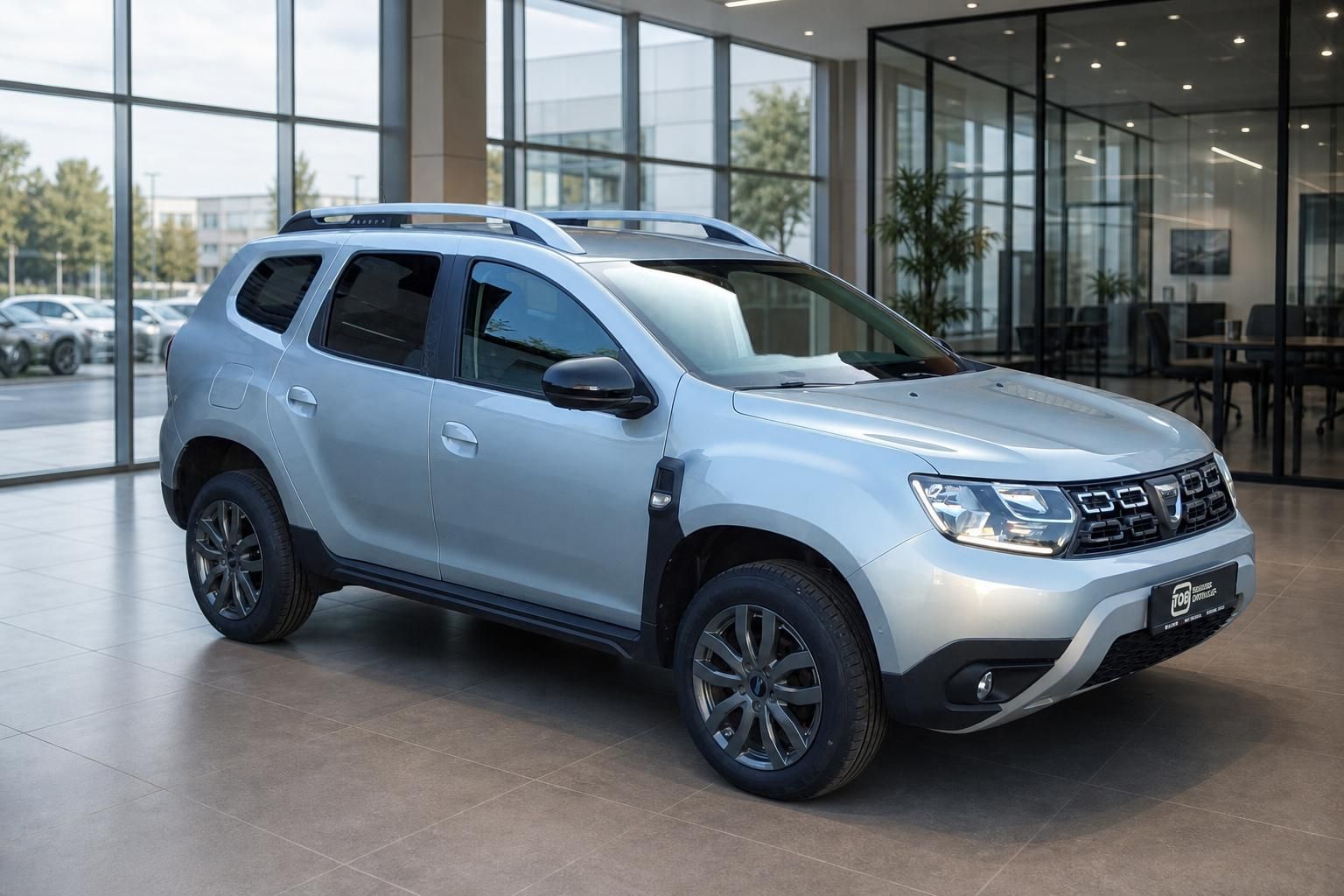 Dacia Duster silber Schrägansicht vorne rechts im modernen Autohaus
