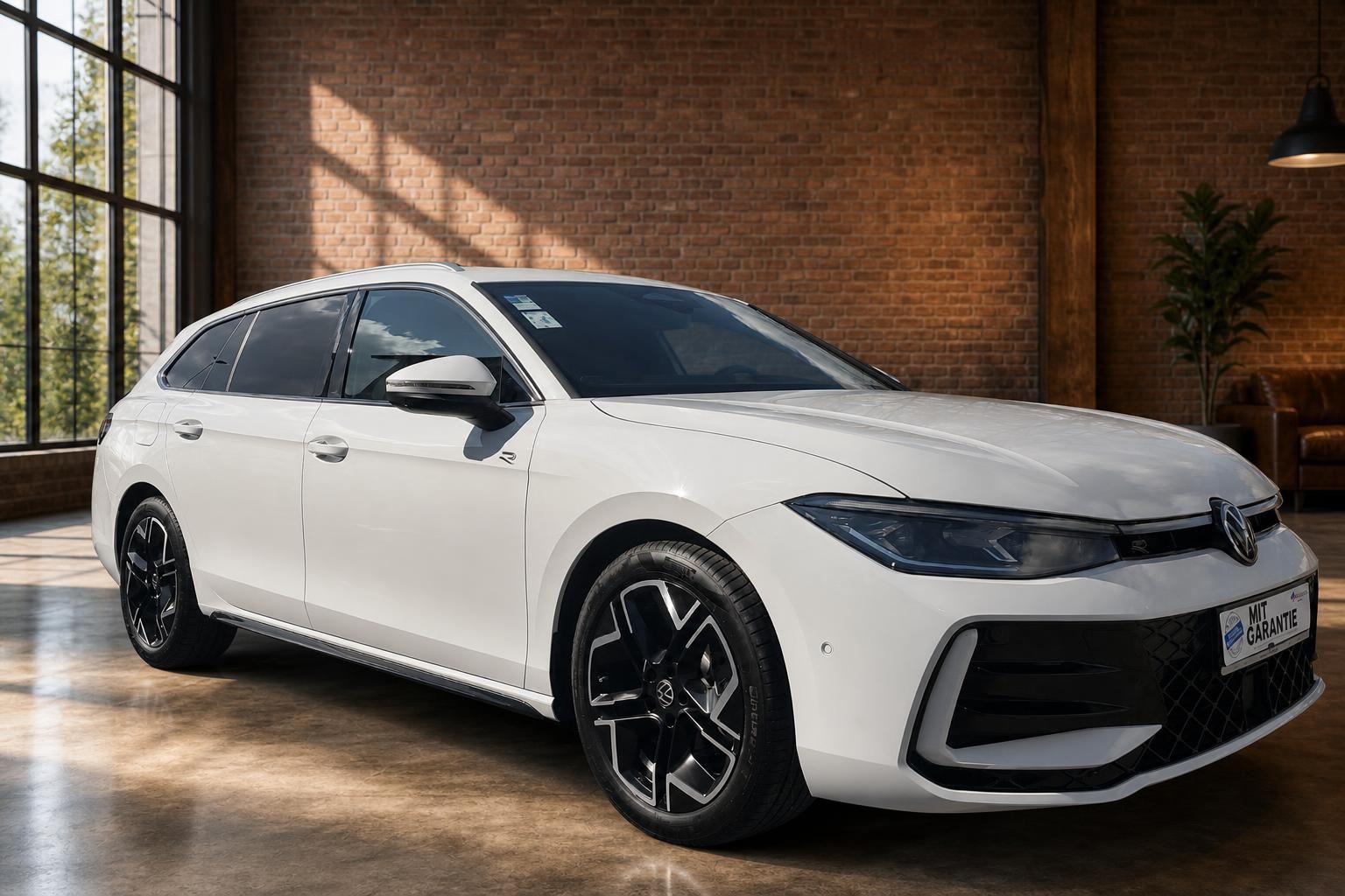 VW Passat Variant weiß, Frontansicht schräg im Showroom mit Fenster