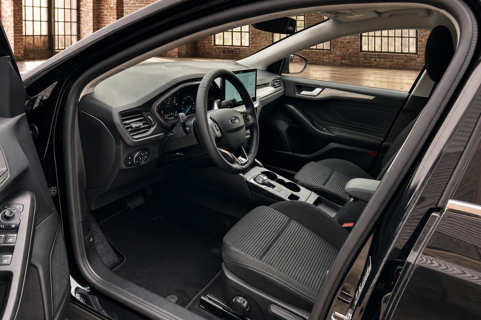 Ford Innenraum Cockpit mit Lenkrad und Sitzen durch offene Tür