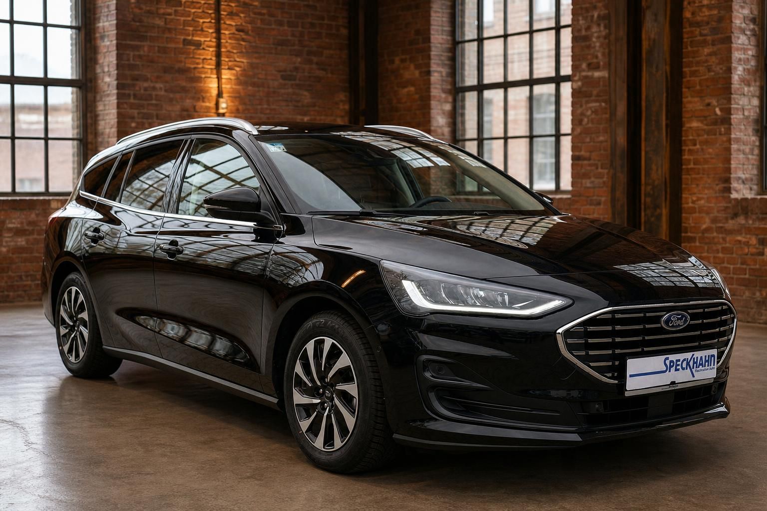 Ford Focus Turnier schwarz Frontansicht in historischer Industriehalle