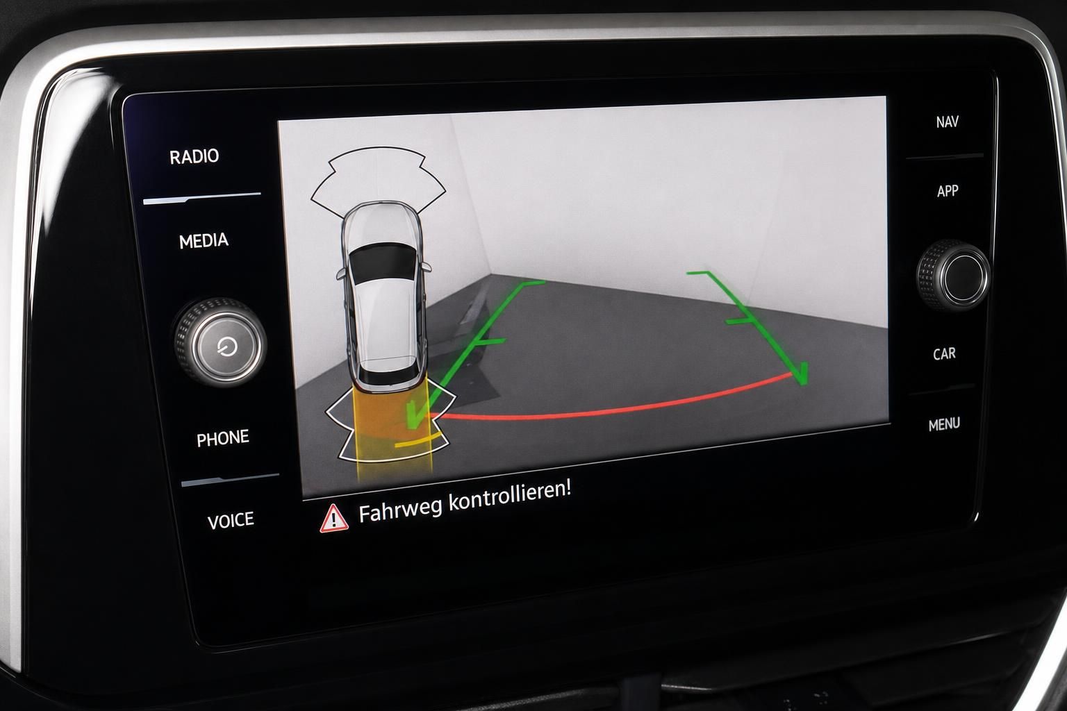 VW Touchscreen mit 360-Grad-Kamera und Parkassistent-Anzeige