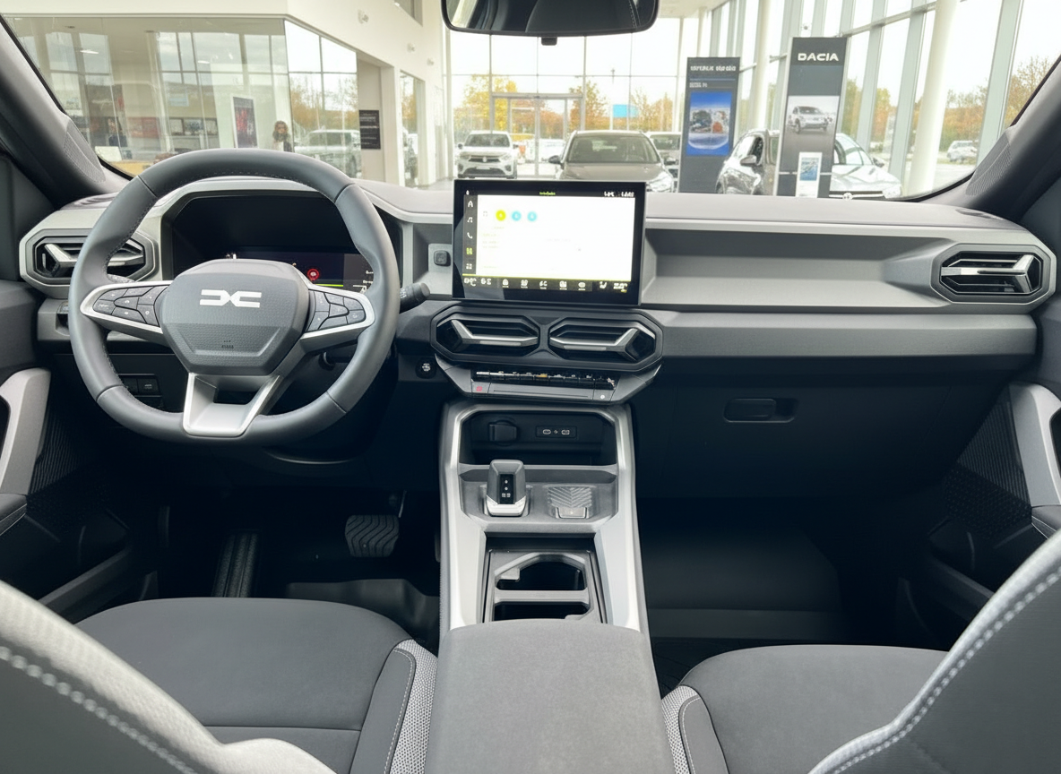 Dacia Innenraum mit digitalem Touchscreen, modernem Cockpit und grauem Interieur im Autohaus