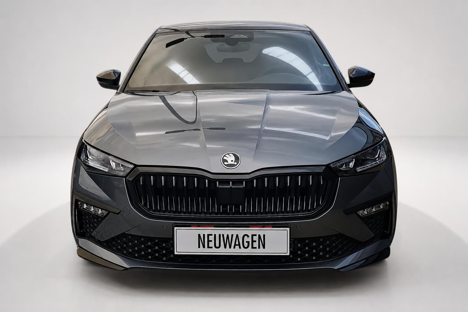 Skoda Neuwagen grau-schwarz Frontansicht im Studio