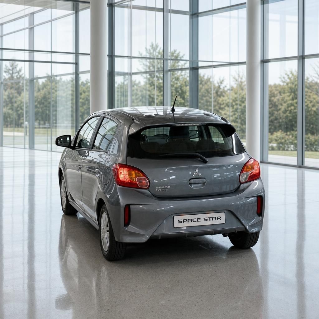 Mitsubishi Space Star grau Heckansicht im Autohaus mit Rückleuchten und Modellschriftzug