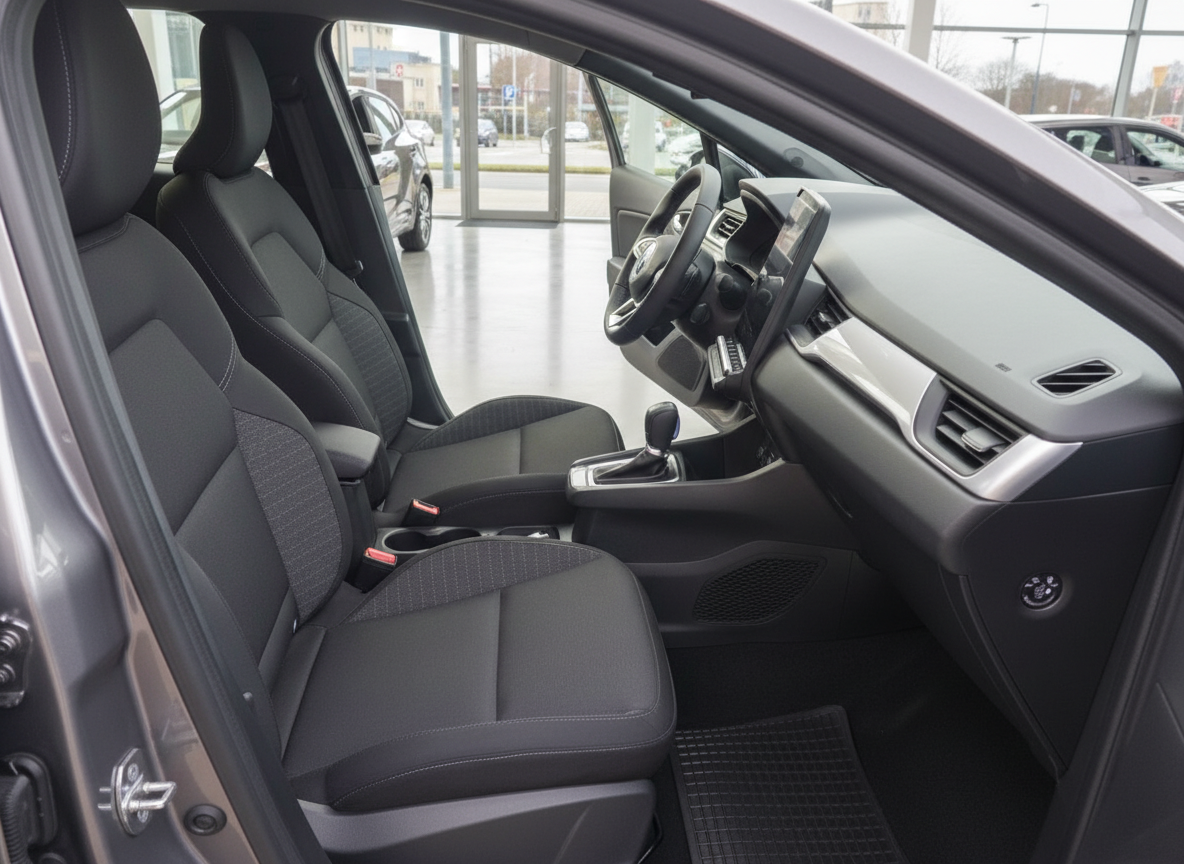 Fahrzeuginnenraum mit schwarzen Stoffsitzen, Mittelkonsole und Lenkrad – modernes Kompaktauto