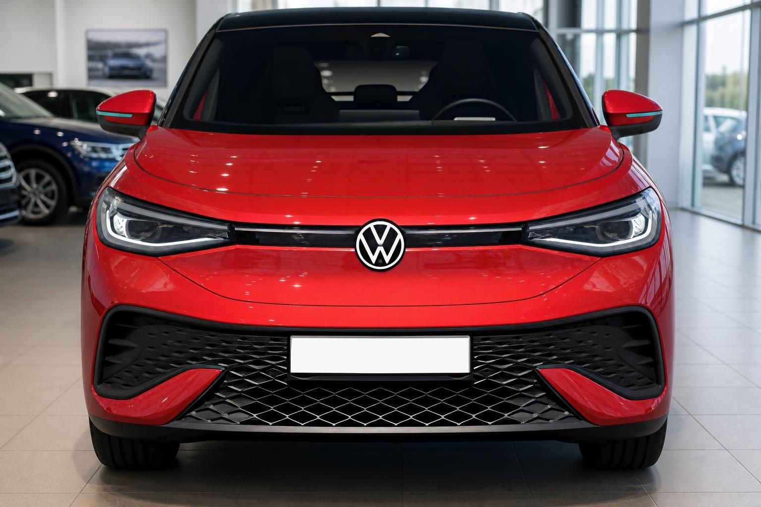 VW ID.5 rot Frontansicht im Autohaus – Elektro-SUV mit LED-Scheinwerfern und VW-Logo