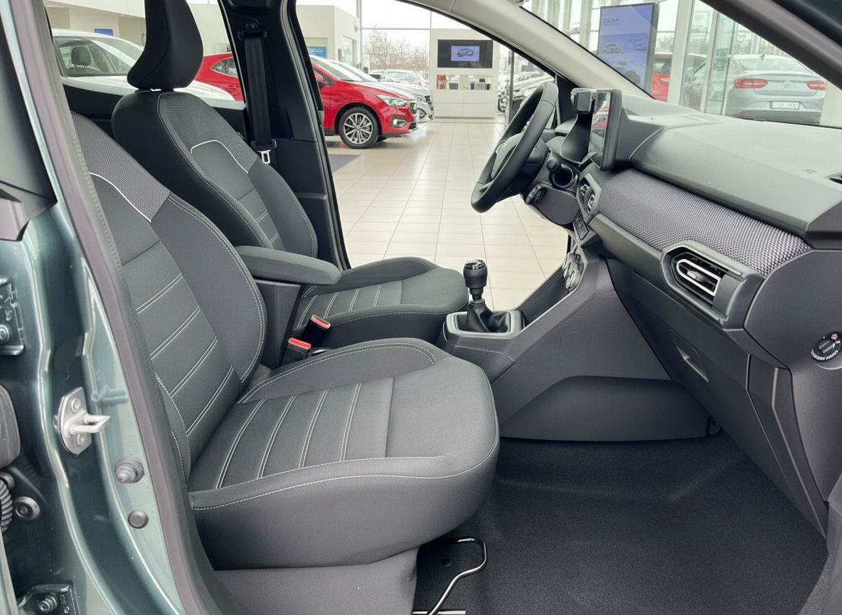 Hyundai Bayon Innenraum Vordersitze mit Stoffbezügen und Schaltgetriebe im Autohaus