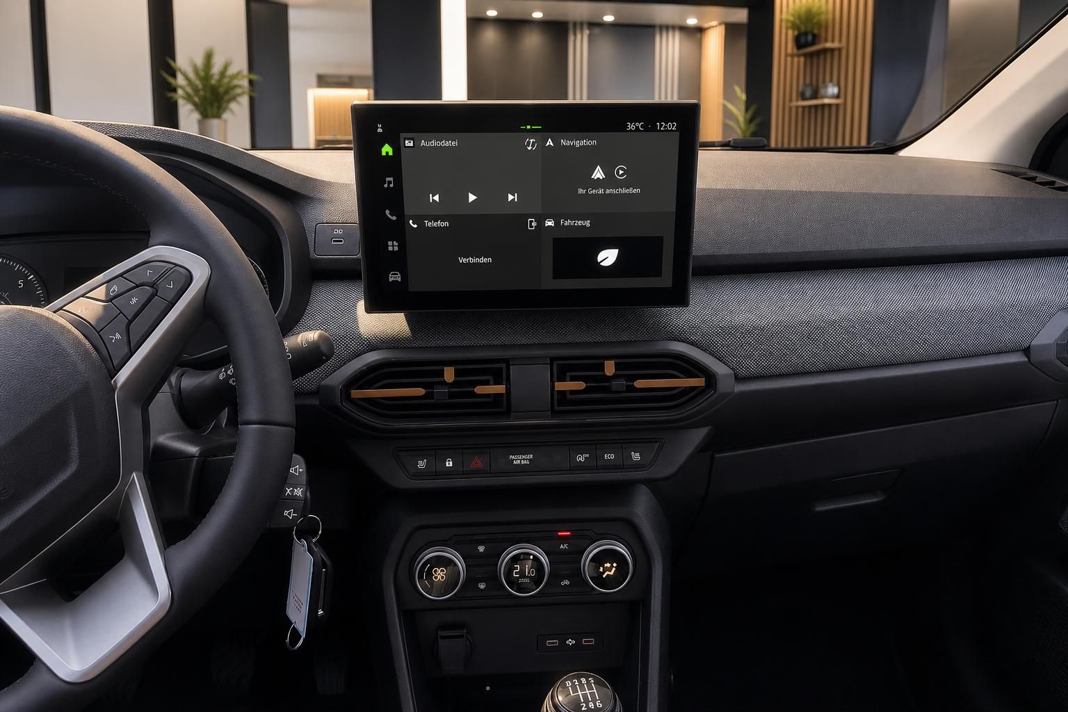 Cockpit mit Infotainment-Touchscreen und Lenkrad im Fahrzeuginnenraum
