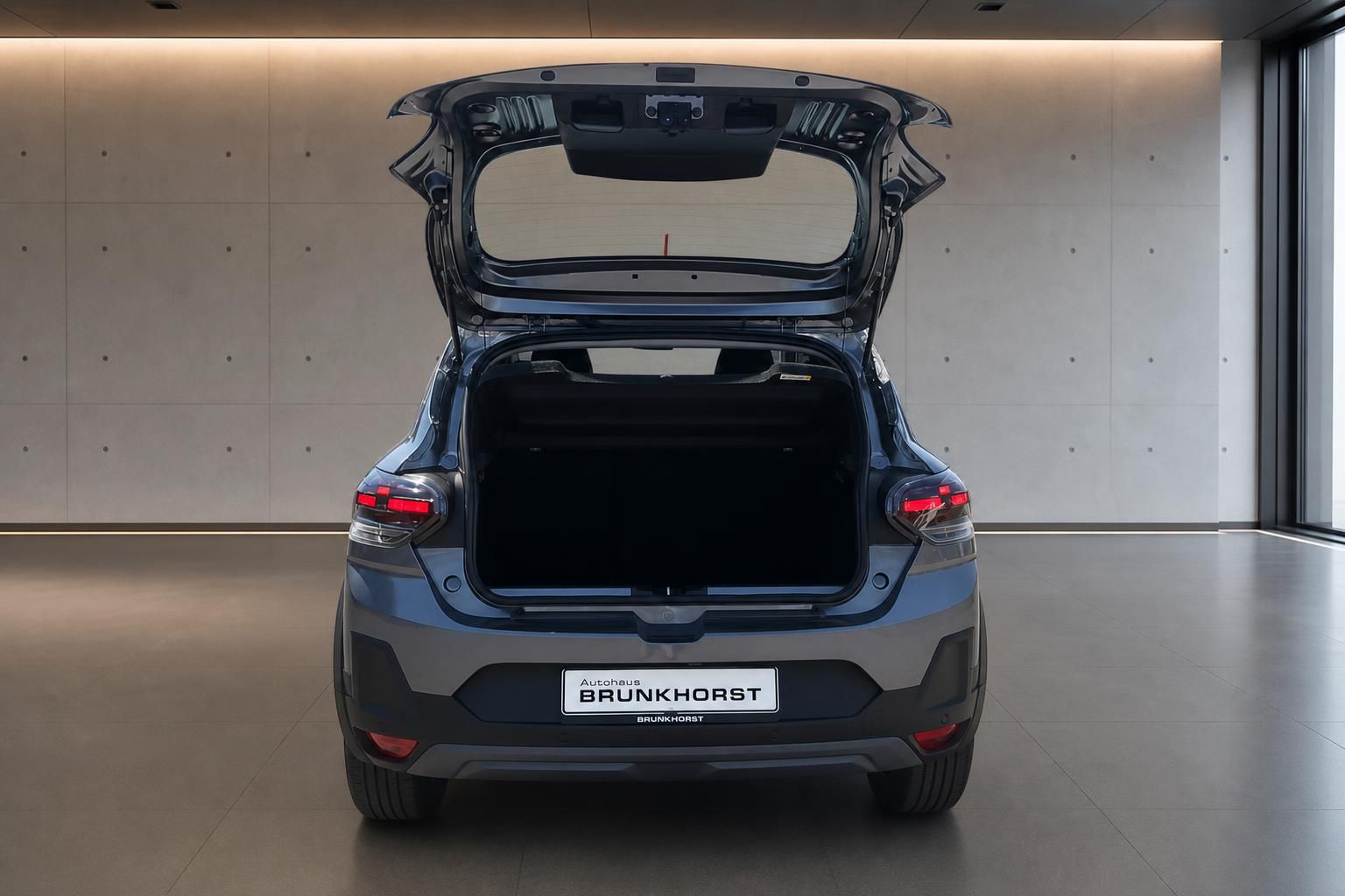 Fahrzeug von hinten mit geoeffneter Heckklappe und Kofferraum