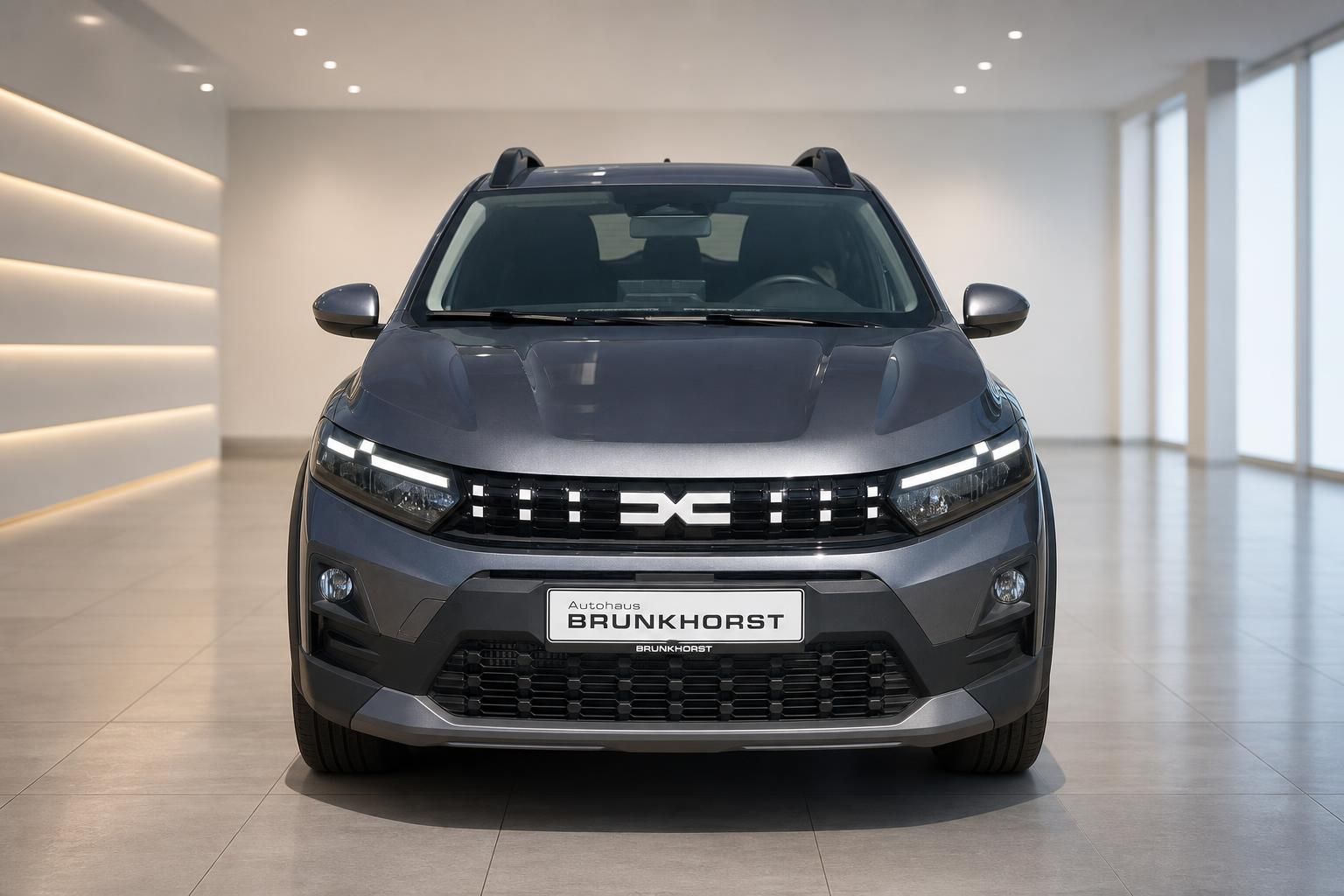 Dacia Sandero Stepway grau, Frontalansicht mit LED-Scheinwerfern