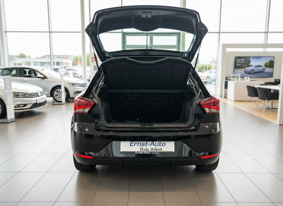 Schwarzer SEAT Leon Hatchback mit geöffnetem Kofferraum im Autohaus Ernst-Auto