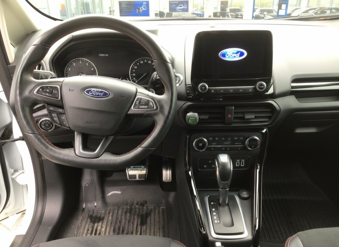 Ford EcoSport Innenraum mit Lenkrad, SYNC-Touchscreen und Automatikgetriebe