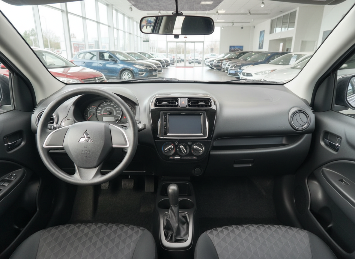 Mitsubishi Mirage/Space Star Innenraum mit Lenkrad, Touchscreen und Schaltgetriebe