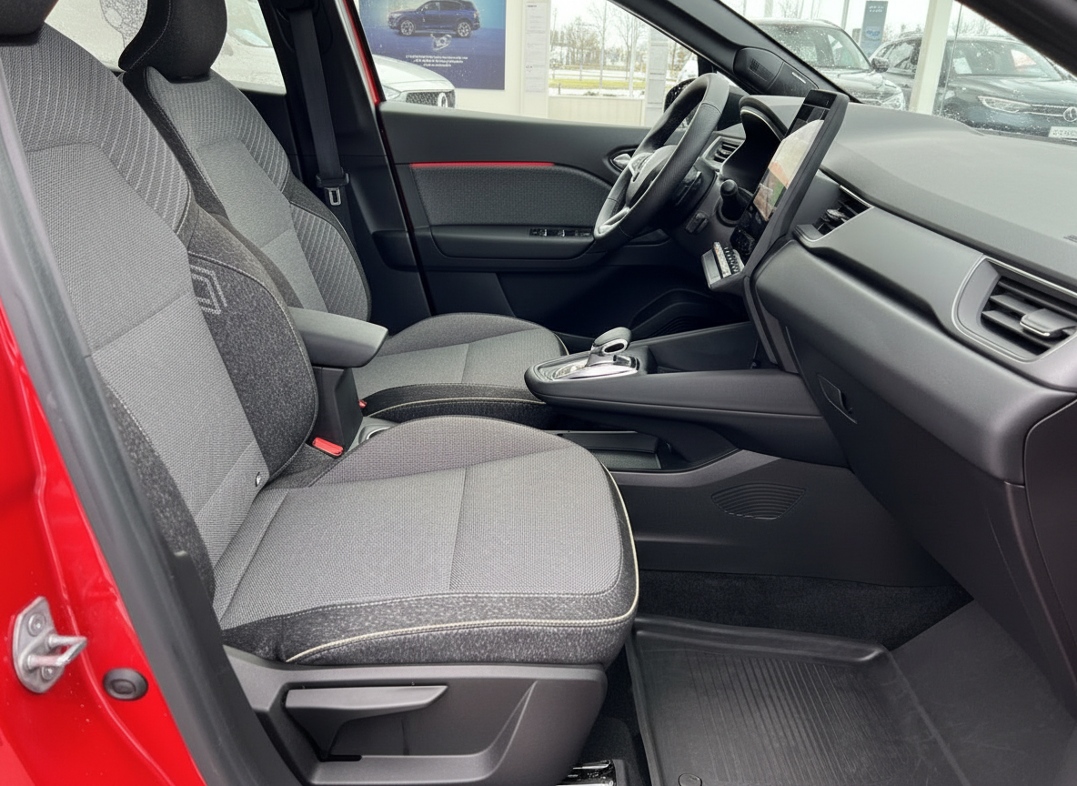 Roter Renault Clio Innenraum Vordersitze grau mit modernem Cockpit und Touchscreen