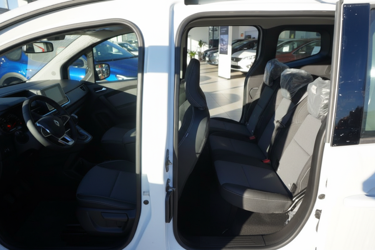 Fahrzeug Innenraum mit schwarzen Sitzen und modernem Cockpit, Schiebetür geöffnet