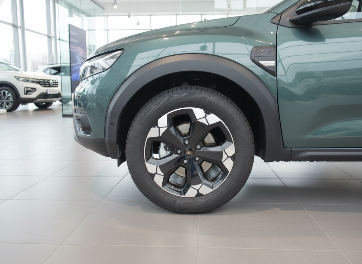 Grüner SUV Vorderrad mit zweifarbiger Alufelge im Autohaus-Showroom