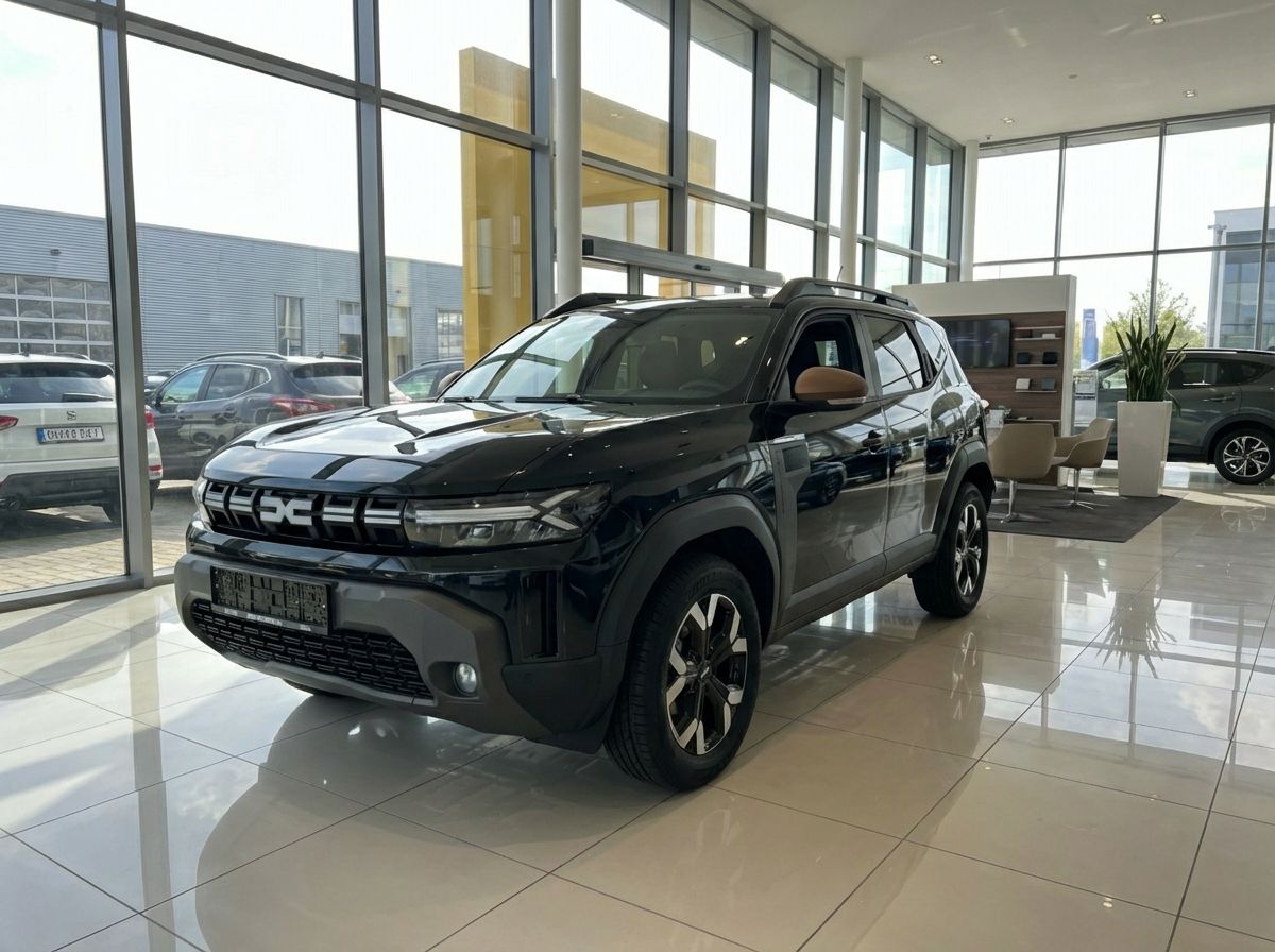 Schwarzer Dacia Duster SUV im Autohaus Showroom, Frontansicht schräg