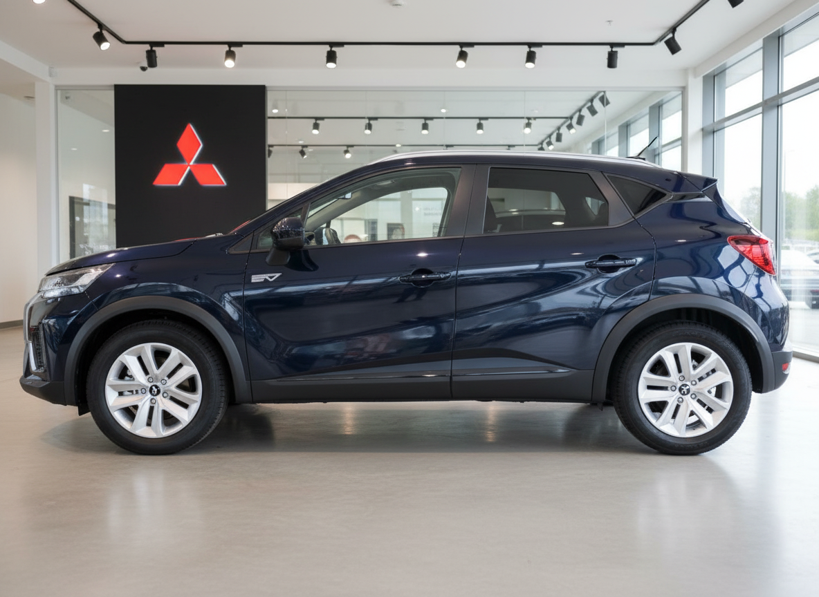 Dunkelblauer Mitsubishi SUV EV Seitenansicht im Autohaus Showroom