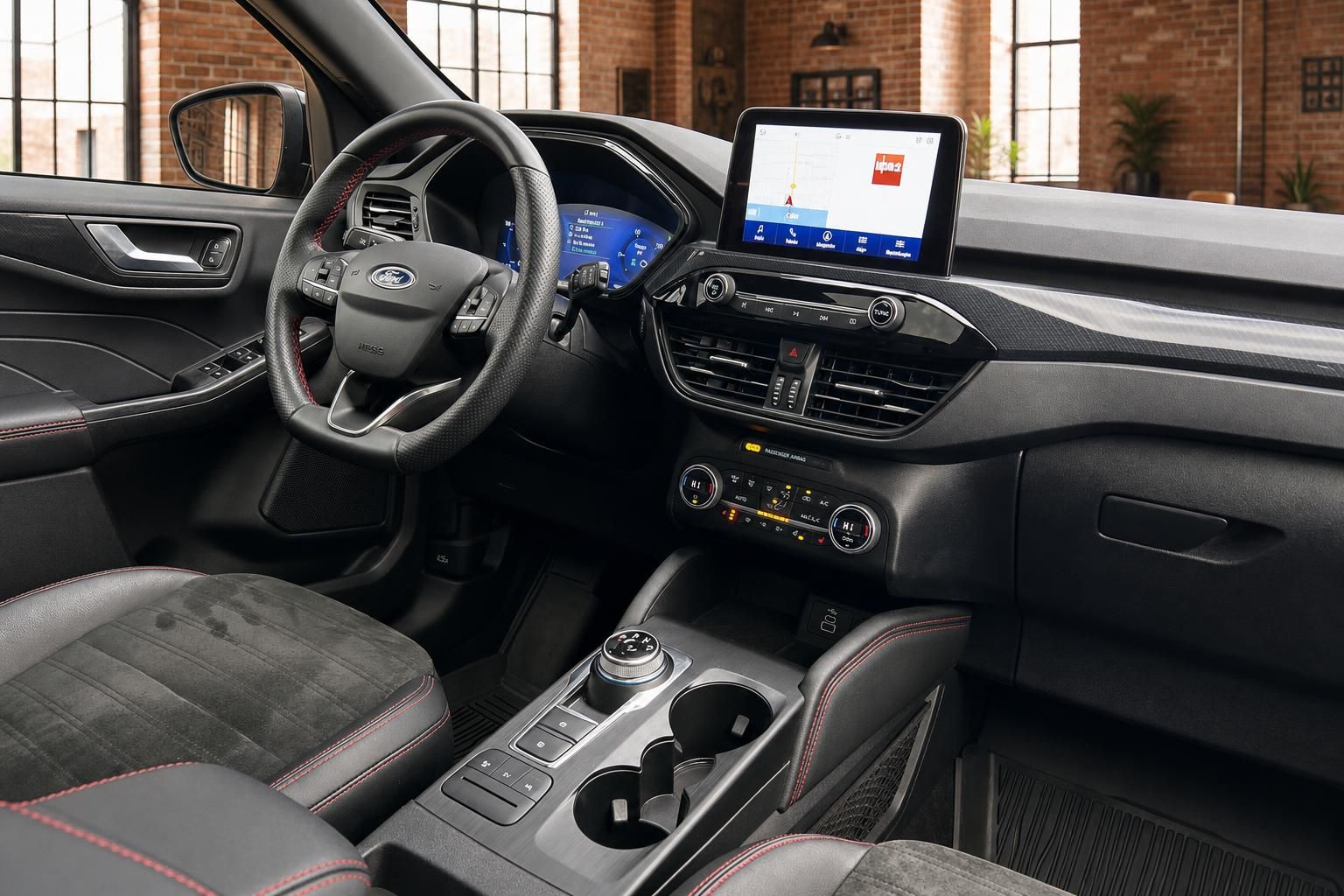 Ford Cockpit mit Lenkrad, Navigationssystem und Touchscreen im Detail
