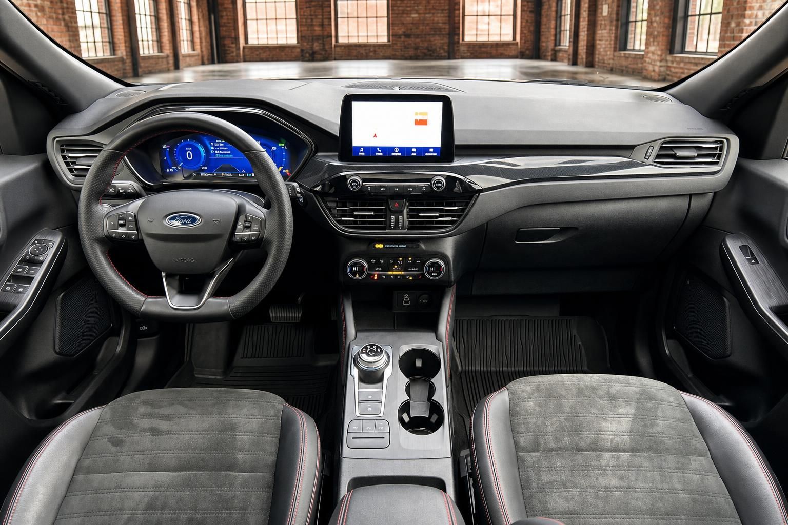 Ford Cockpit Frontalansicht mit Armaturenbrett und Infotainment-Display