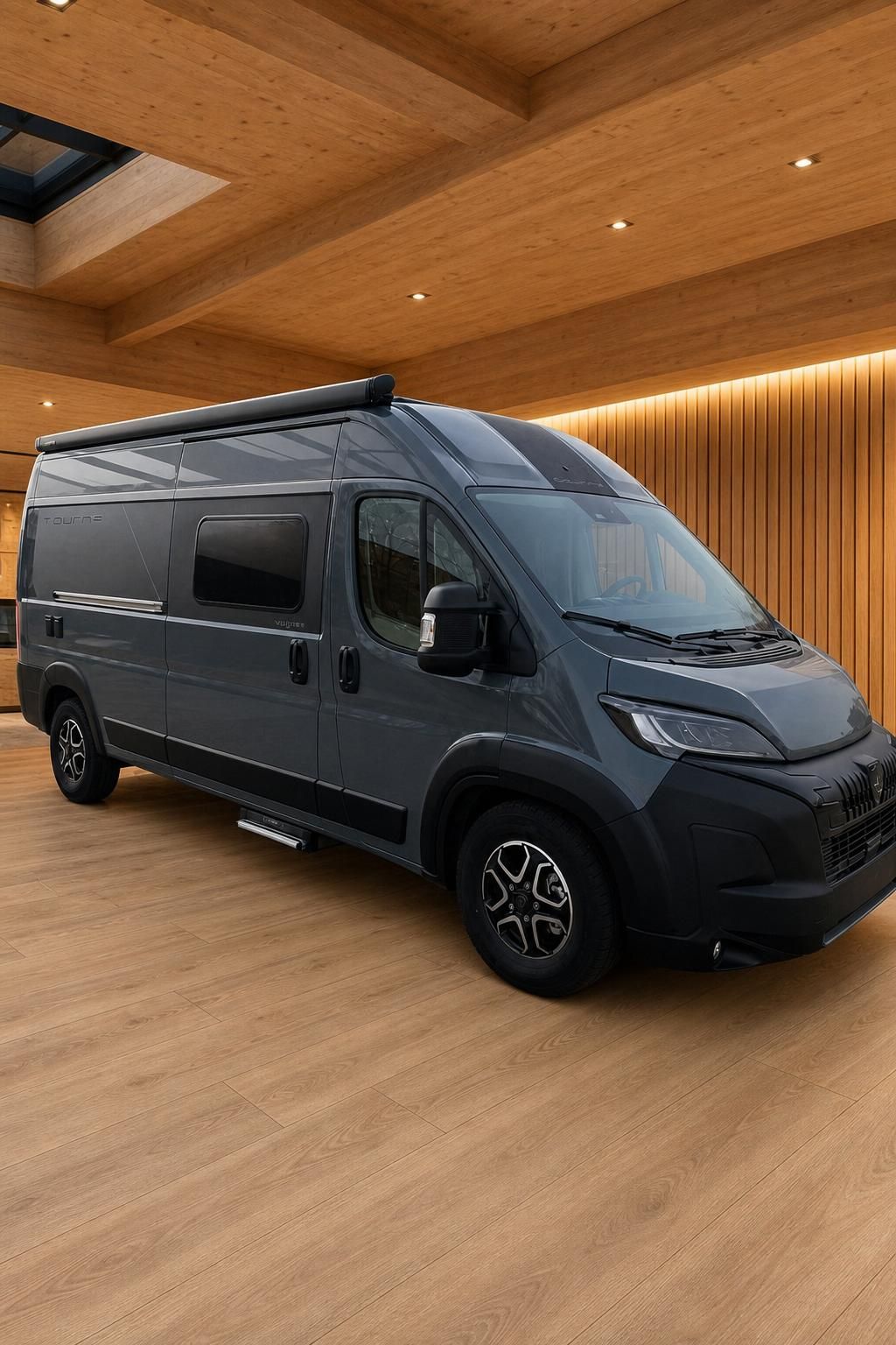Wohnmobil Kastenwagen Tourne in Grau von schräg vorne im Showroom