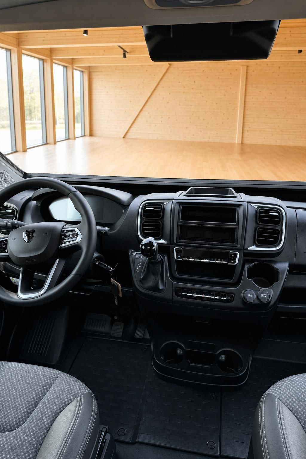 Cockpit und Armaturenbrett eines Wohnmobils mit Lenkrad und Schaltung