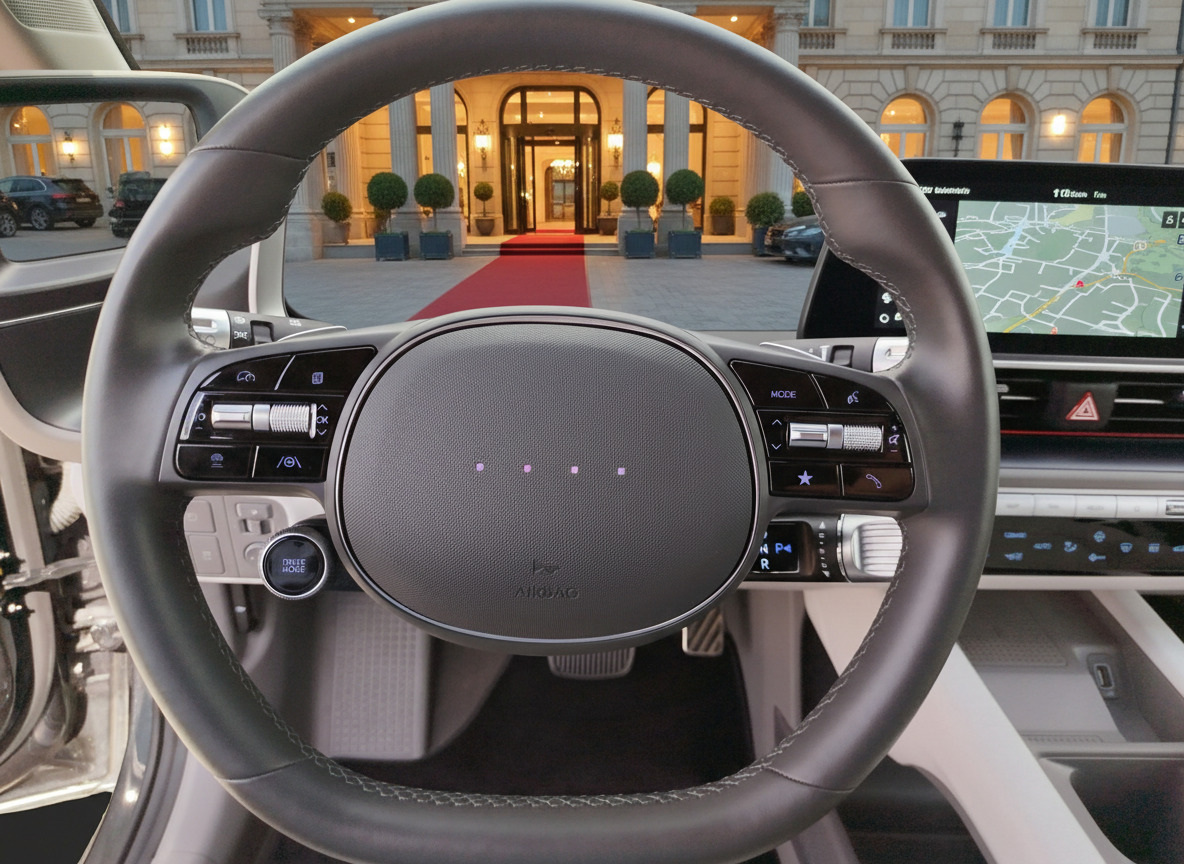 Luxuriöses Lenkrad mit Multifunktionstasten und digitalem Display im Innenraum eines modernen Premium-Fahrzeugs vor elegantem Hoteleingang mit rotem Teppich