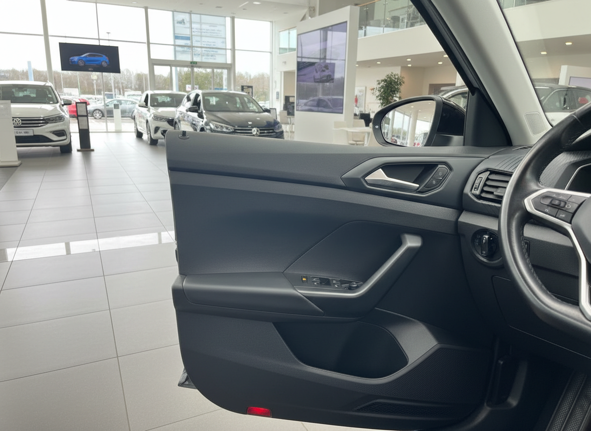 Fahrzeuginnenraum Fahrertür mit schwarzem Türpanel und Fensterheber im Autohaus