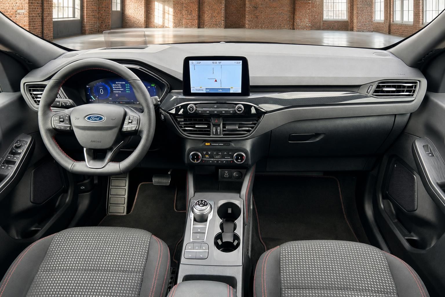 Ford Fahrerkabine mit Armaturenbrett und Touchscreen von vorne
