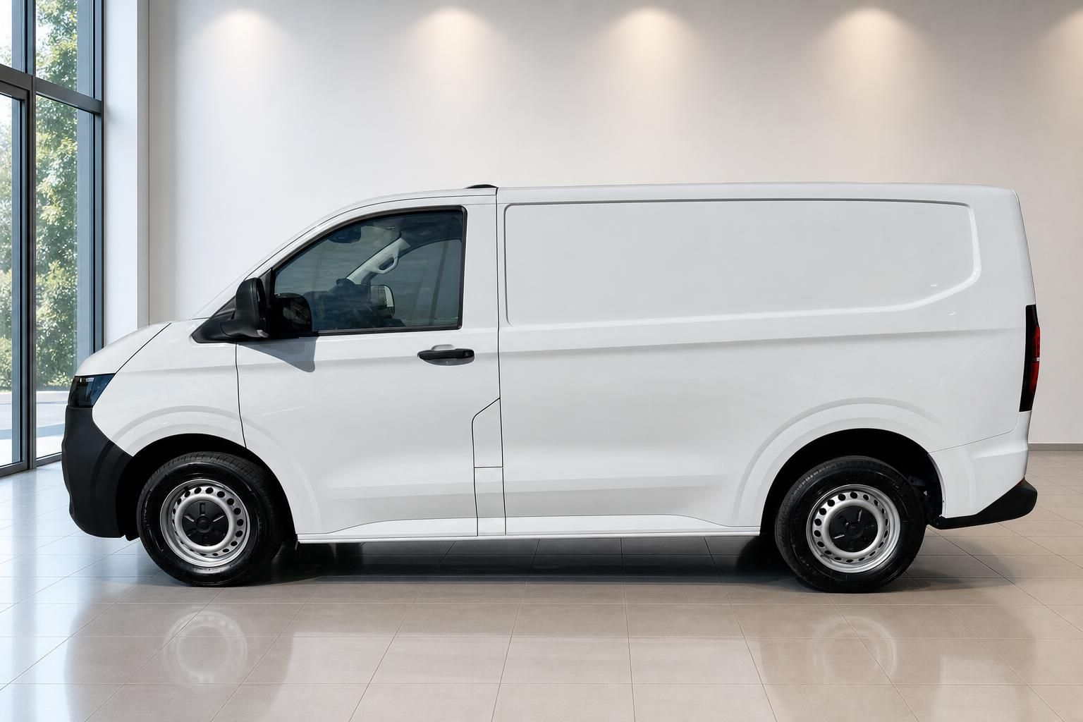 VW Transporter weiß Kastenwagen Seitenansicht im Showroom