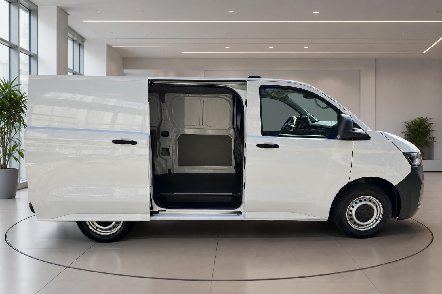 VW Transporter weiß Seitenansicht mit geöffneter Schiebetür