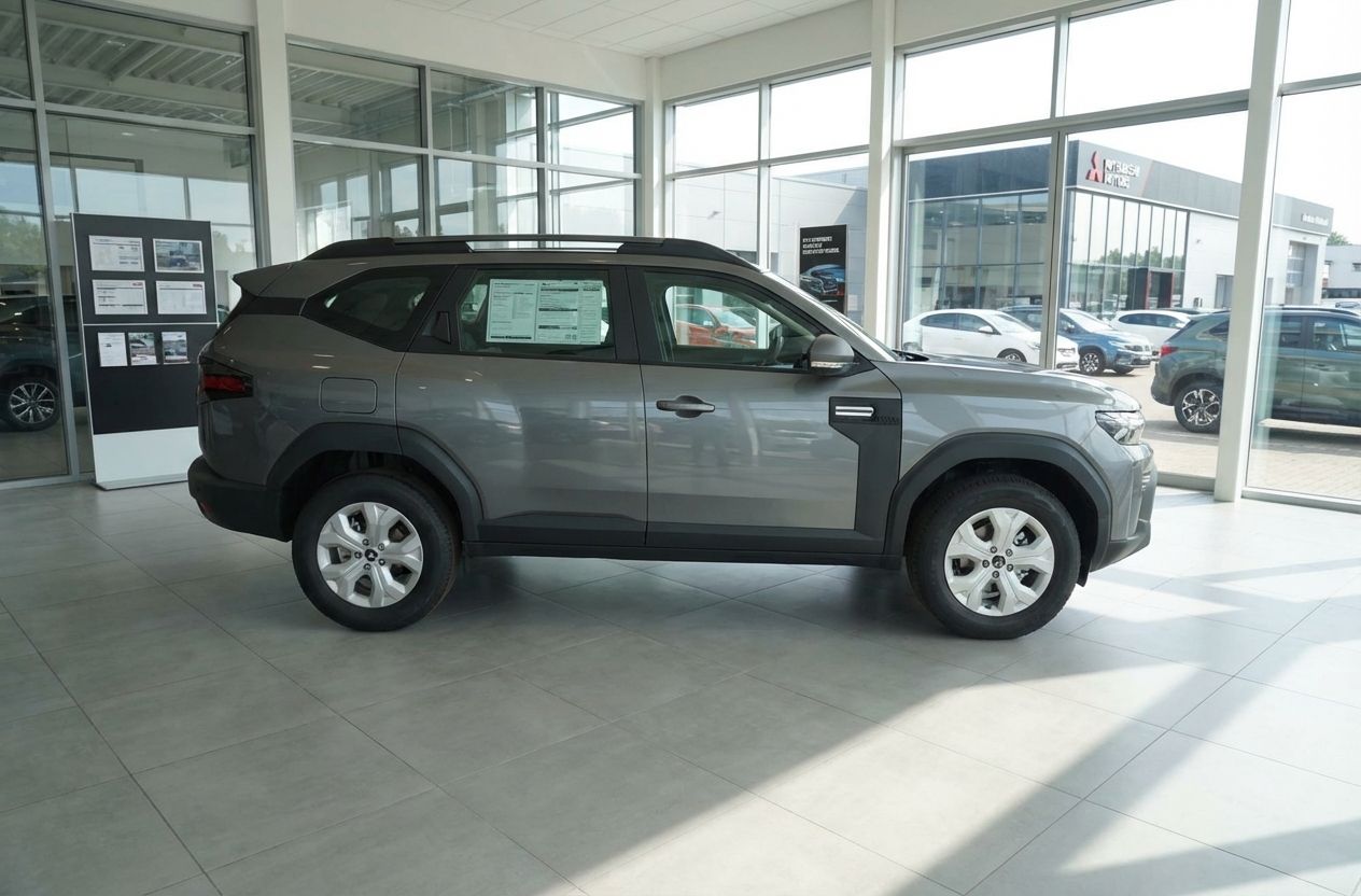 Grauer SUV im Autohaus-Showroom, Seitenansicht, modernes Crossover-Fahrzeug