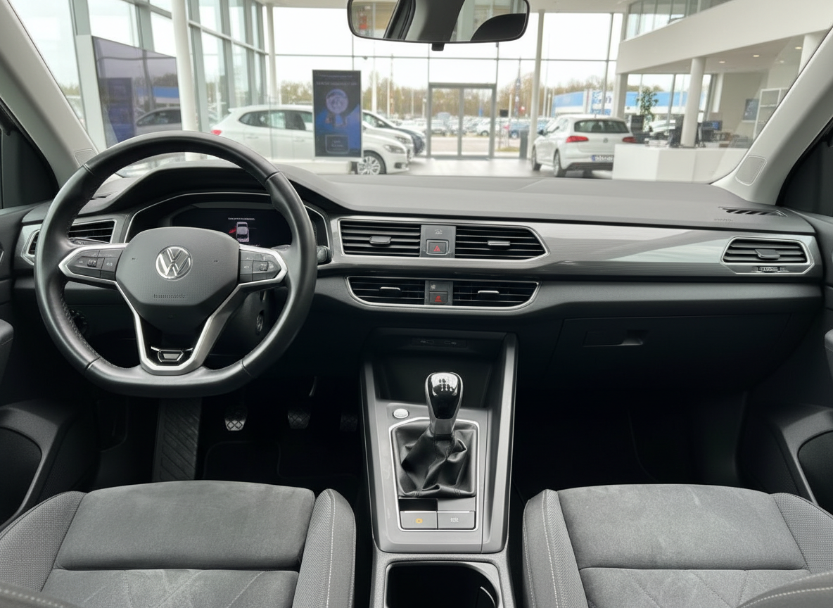 Volkswagen Tiguan Innenraum mit Schaltgetriebe, schwarzem Lenkrad und grauem Stoffinterieur