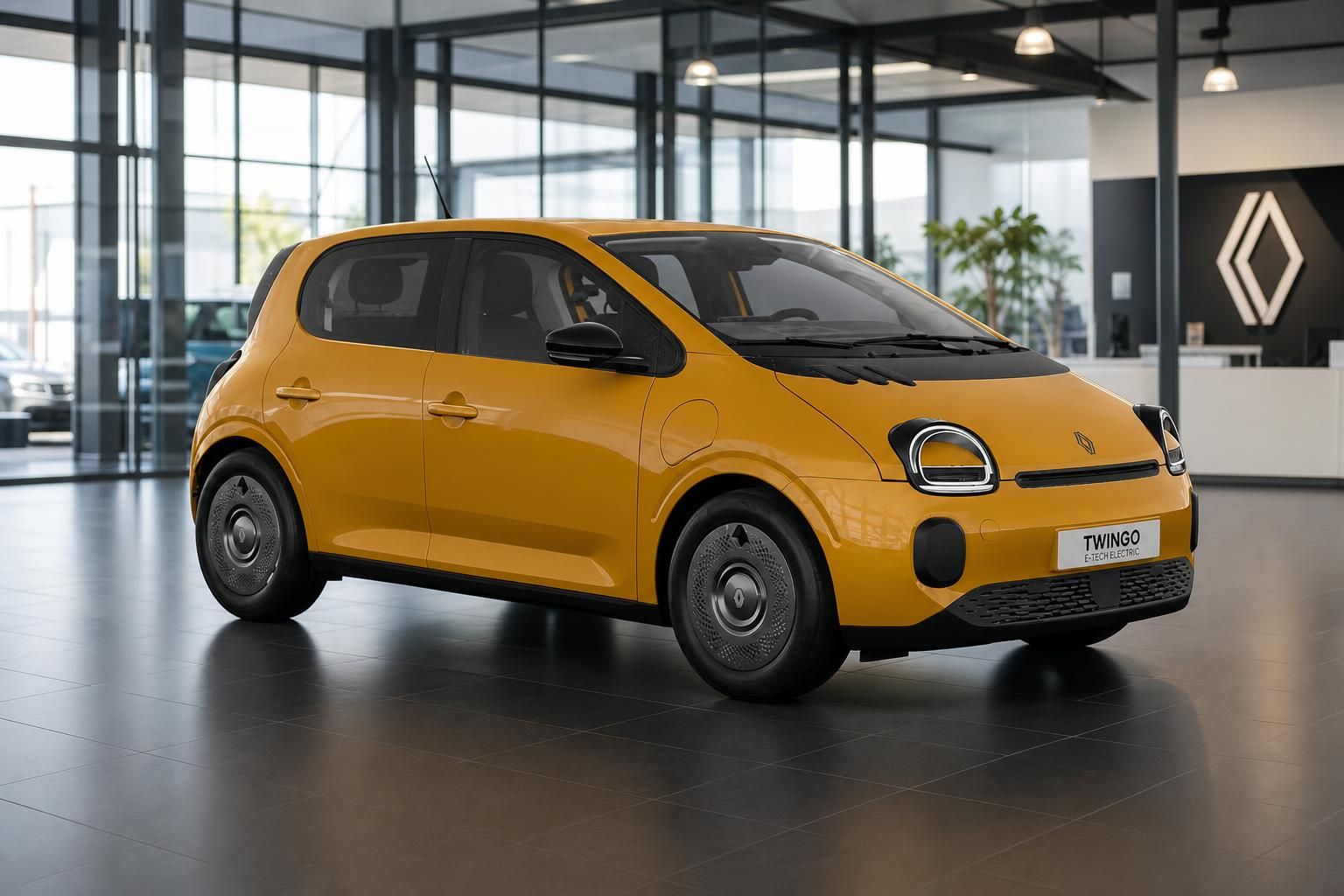 Renault Twingo E-Tech Electric gelb, Frontansicht im Showroom