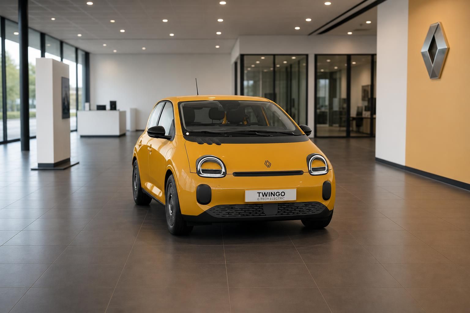 Renault Twingo E-Tech Electric gelb, Frontansicht im Autohaus