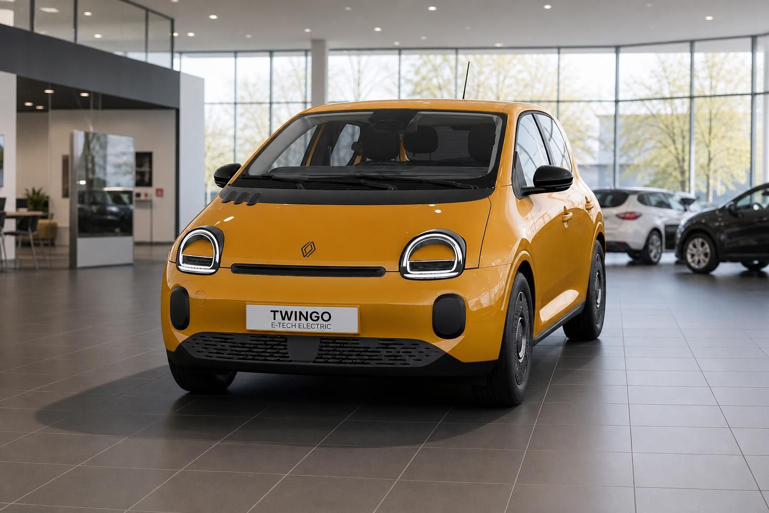 Renault Twingo E-Tech Electric gelb, Frontansicht im Showroom