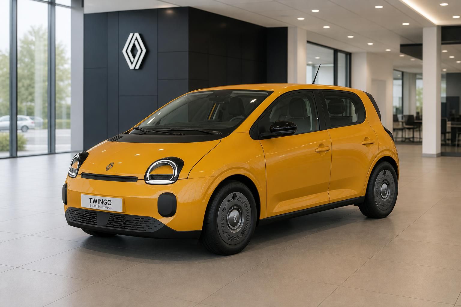 Renault Twingo E-Tech Elektrisch gelb, Frontansicht im Autohaus