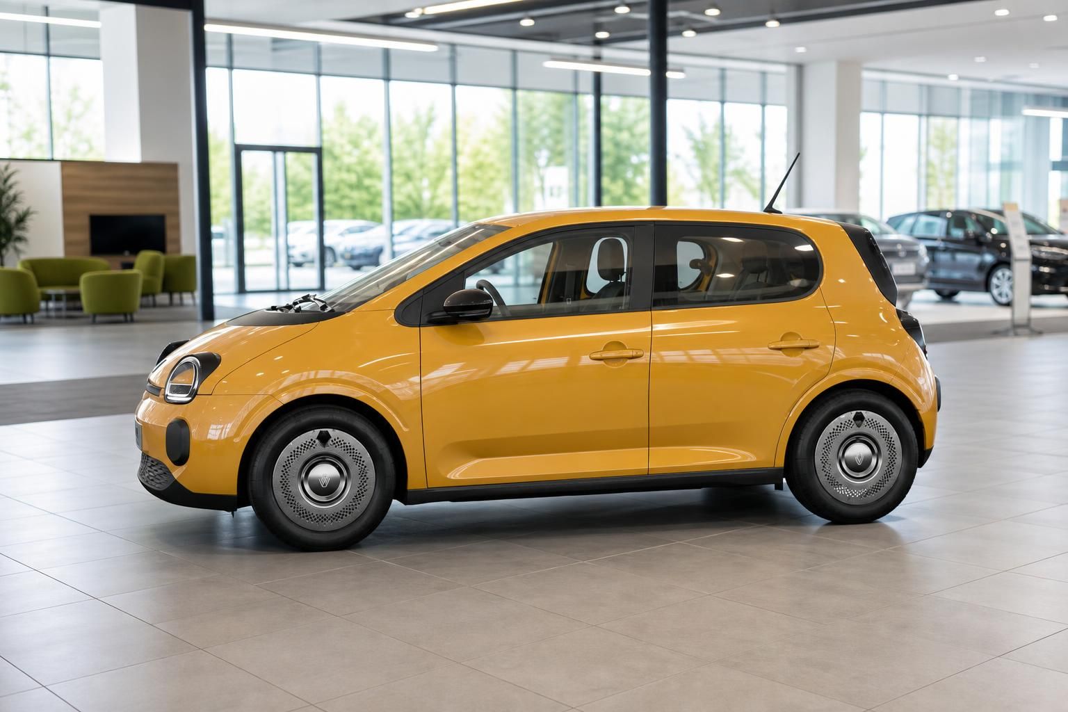 Renault Twingo E-Tech gelb, Seitenprofil im Showroom