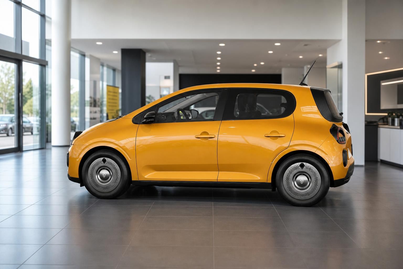 Renault Twingo E-Tech Elektrisch gelb, Seitenansicht im Showroom