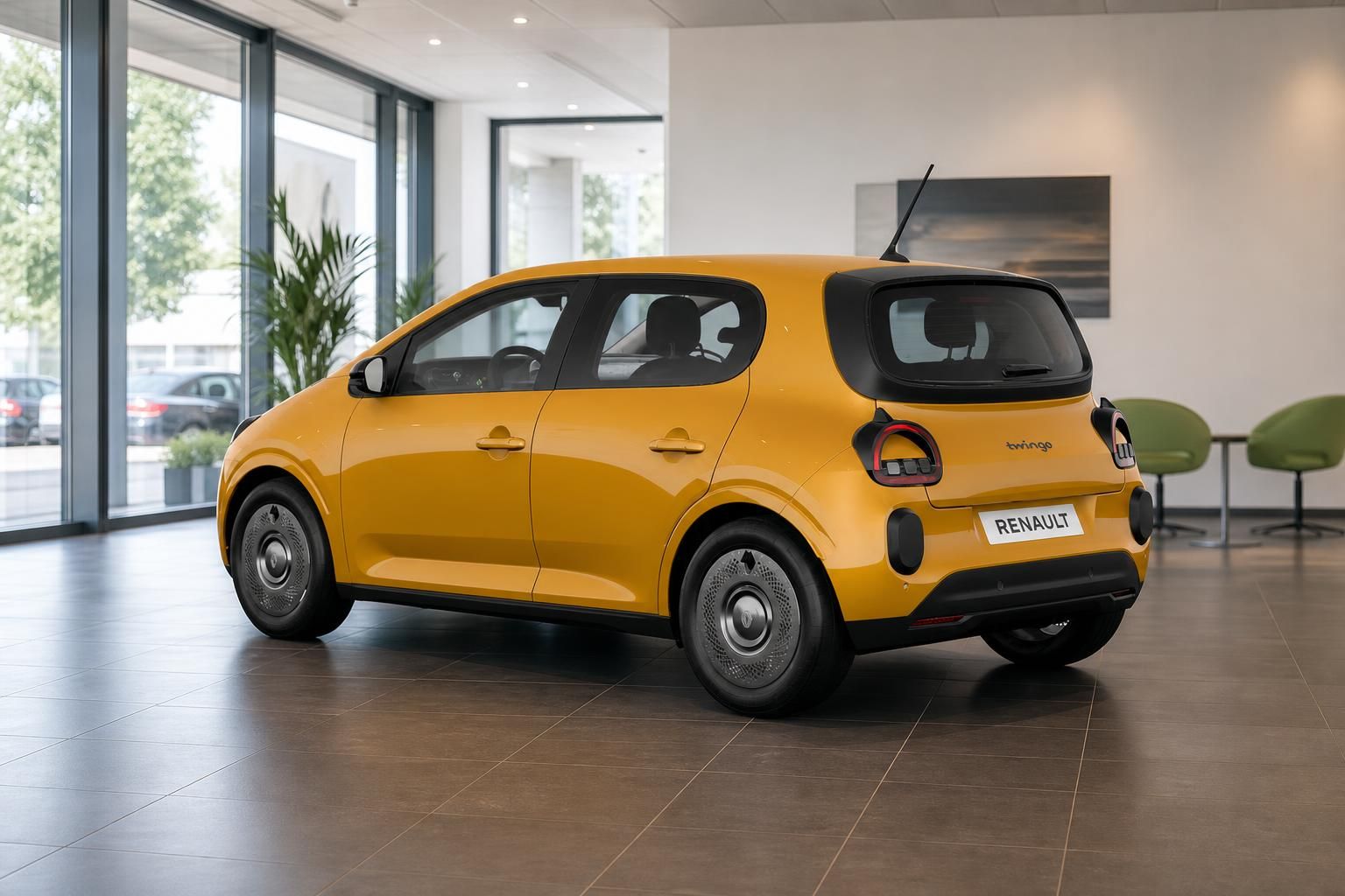 Renault Twingo E-Tech in Gelb, Heckansicht im Autohaus