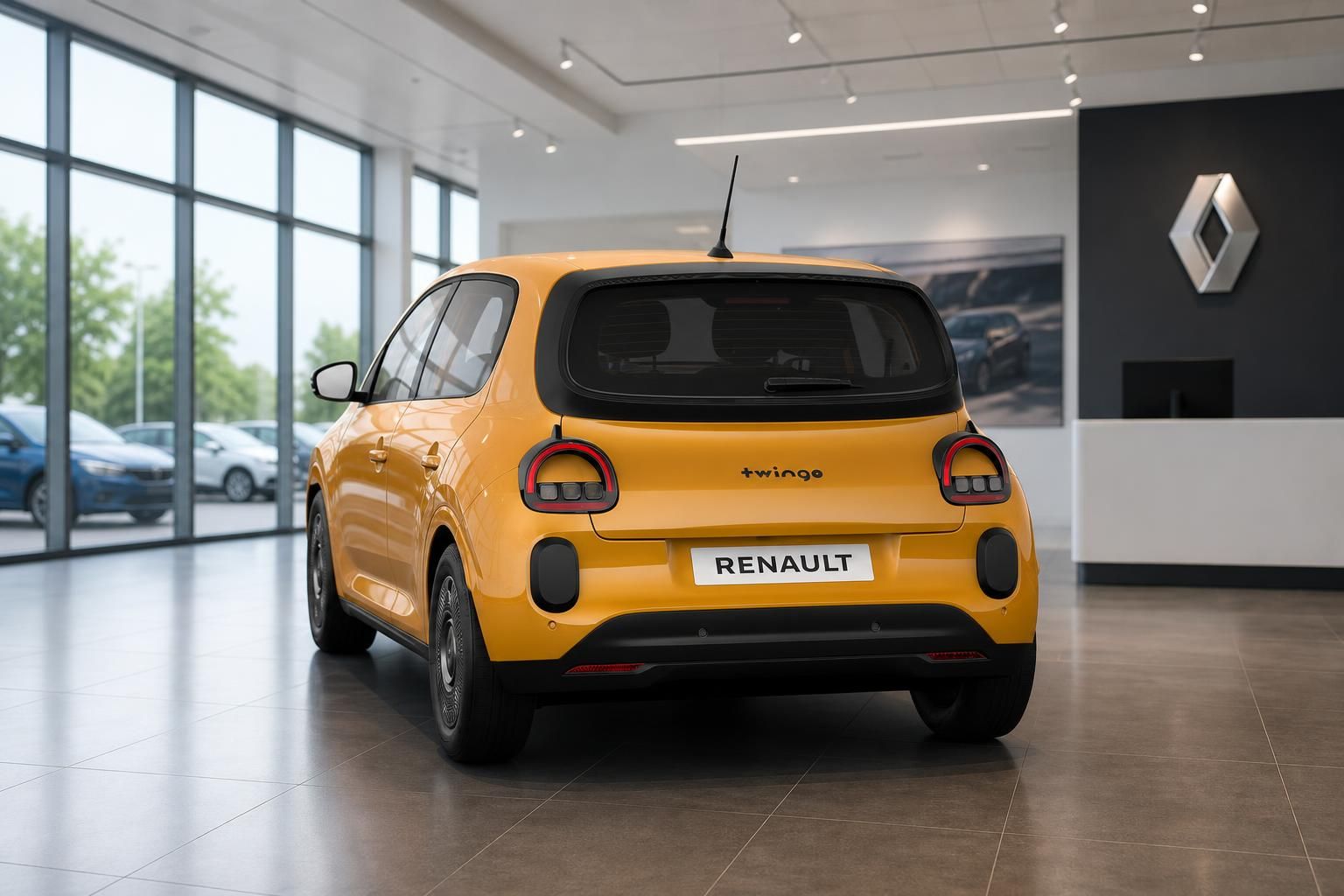 Gelber Renault Twingo von hinten in moderner Autohaus-Ausstellung